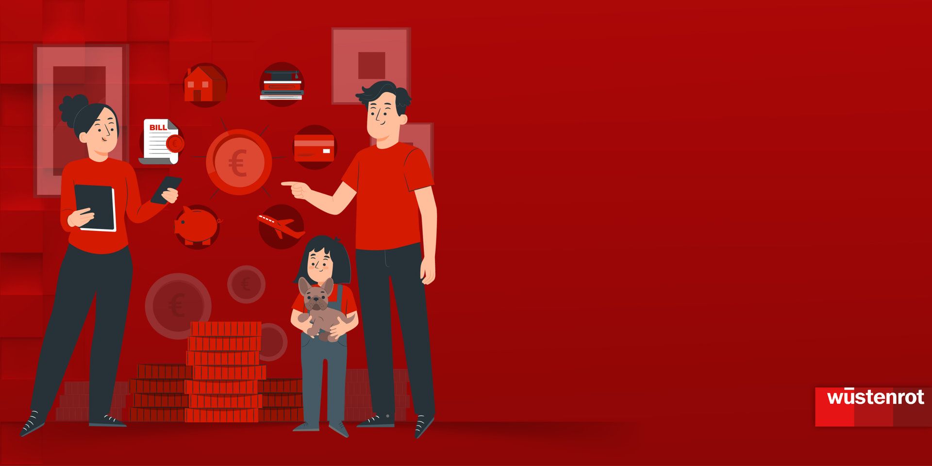 Vater, Mutter, Kind vor einem Münzhaufen, darüber Ideen zum Sparen wie Reisen, Eigentum,